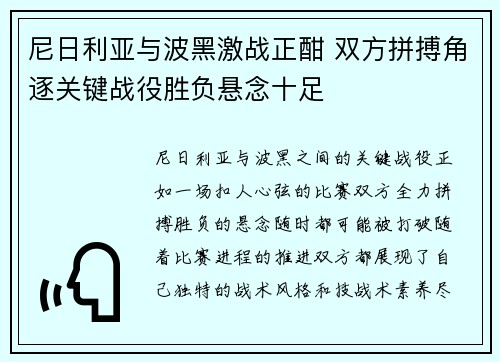尼日利亚与波黑激战正酣 双方拼搏角逐关键战役胜负悬念十足